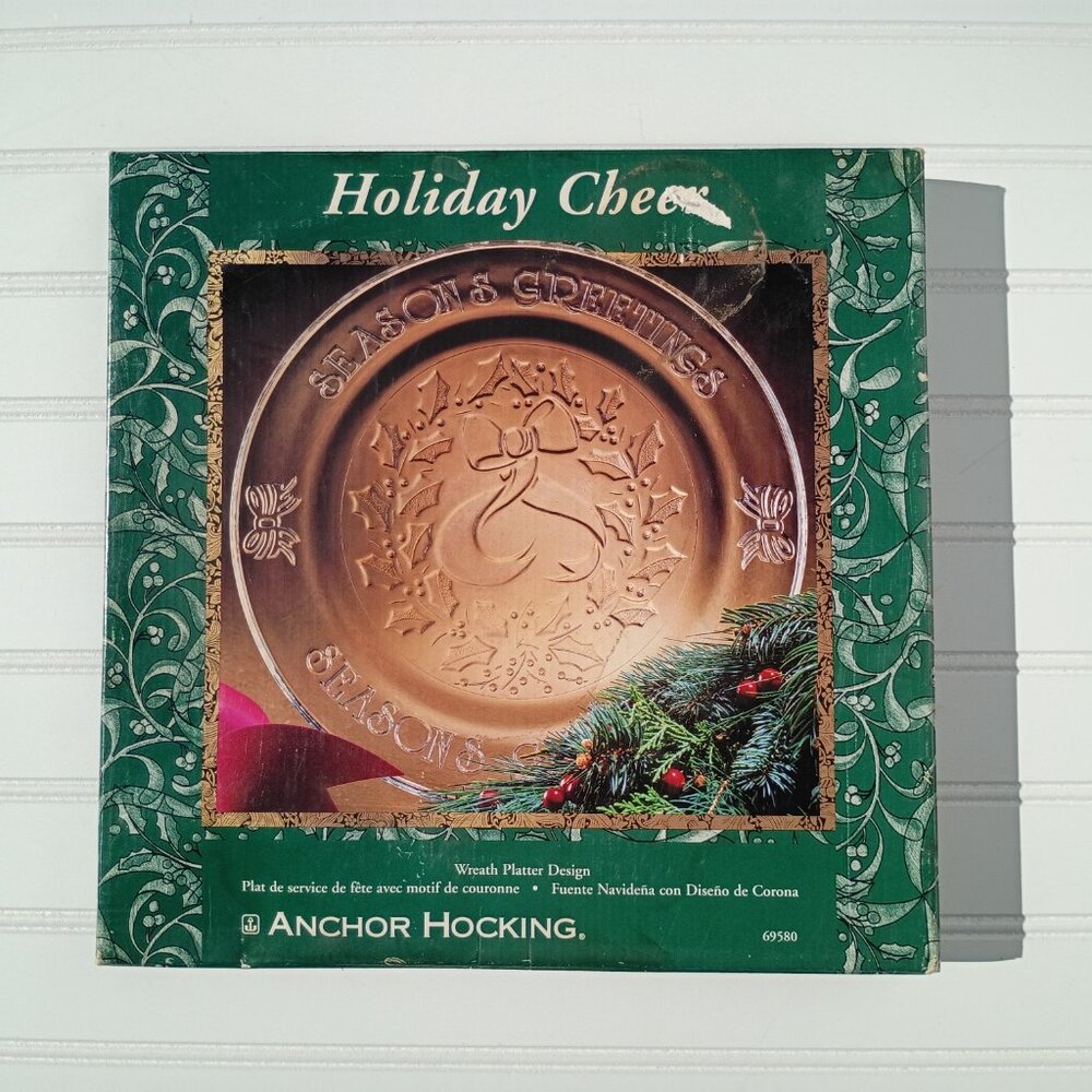 Anchor Hocking Serving Platter Season's Greetings Round Glass Christmas Wreath